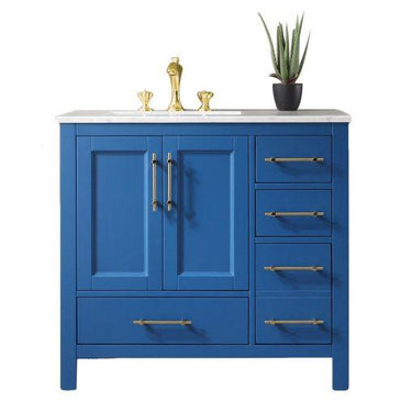 Eviva Navy 36″ Deep Blue Transitional Bathroom Vanity w/ White Carrara Top Vanity Eviva